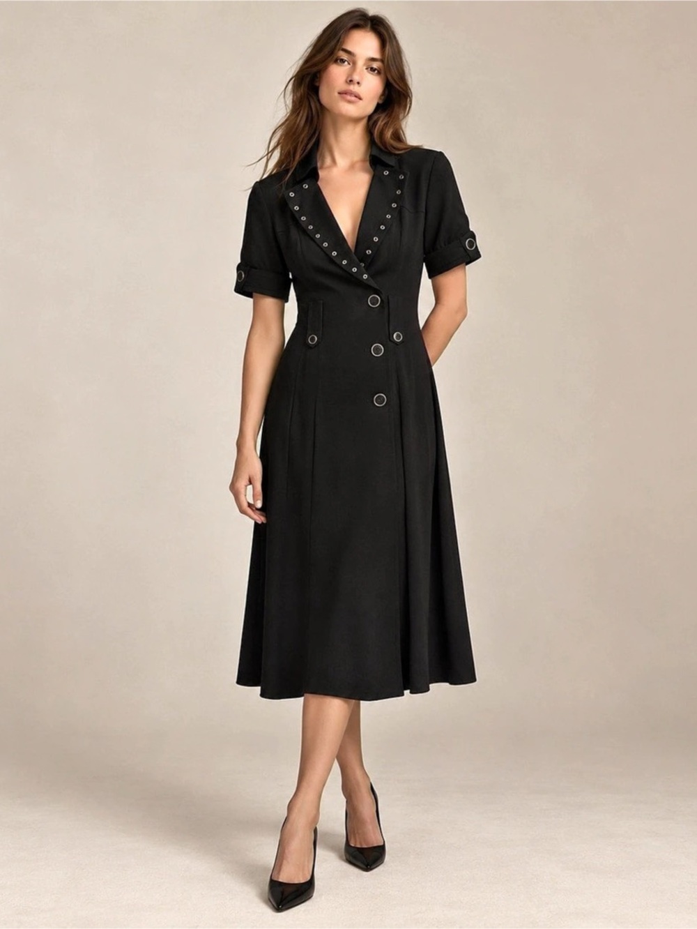 Karen Millen Black Studded Collar Military Fit & Flare Midi Dress Size 4